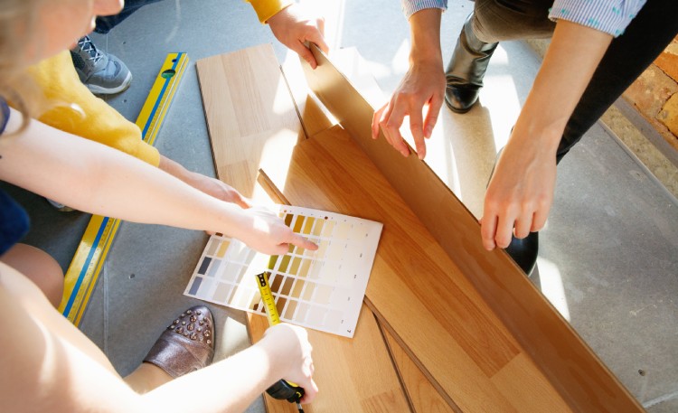 Two People Choosing a Floor for Kitchen