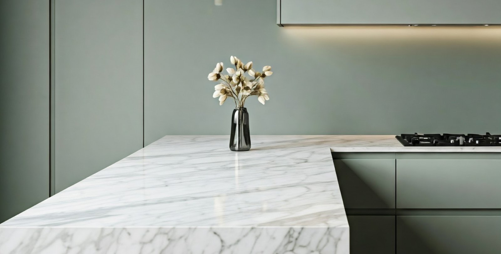 Luxurious kitchen island with a pristine marble countertop.