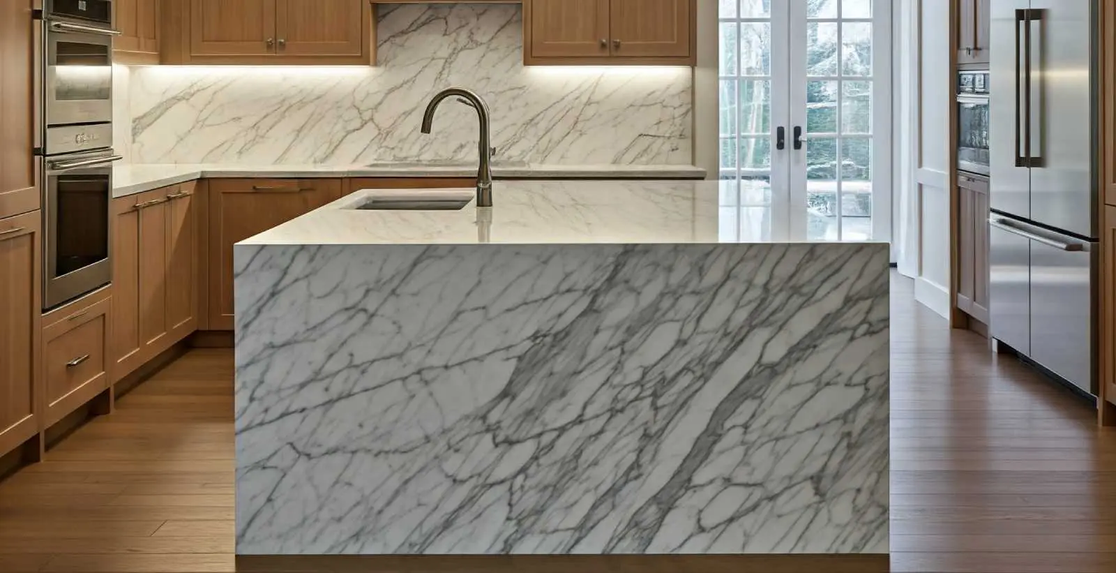Kitchen featuring a large island with a waterfall edge made of Arabescato Vagli marble countertops