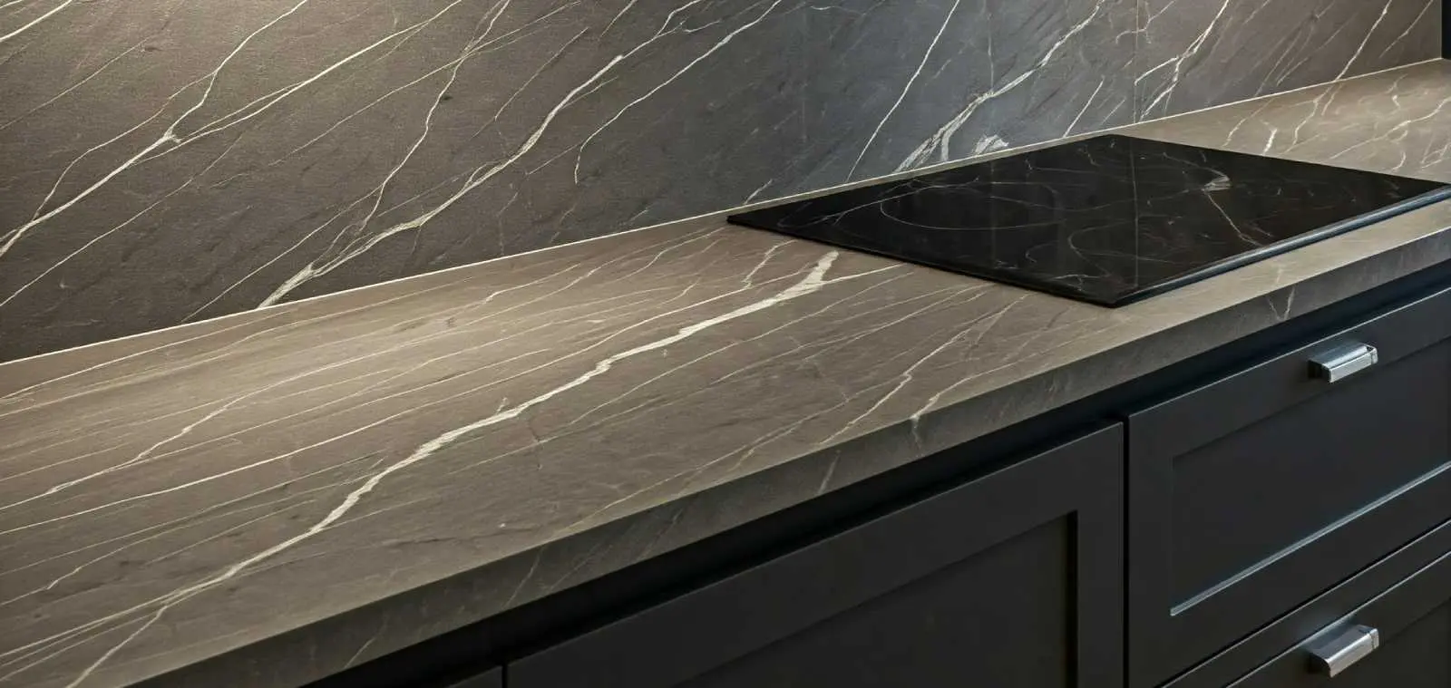 Close-up of a sleek kitchen benchtop featuring elegant pietra grey marble with subtle veining.