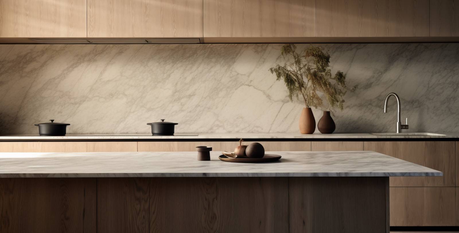 Travertine kitchen countertop and wooden cabinets.