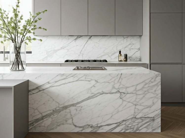 Kitchen design with a white marble island and gray cabinetry, featuring Arabescato Vagli marble