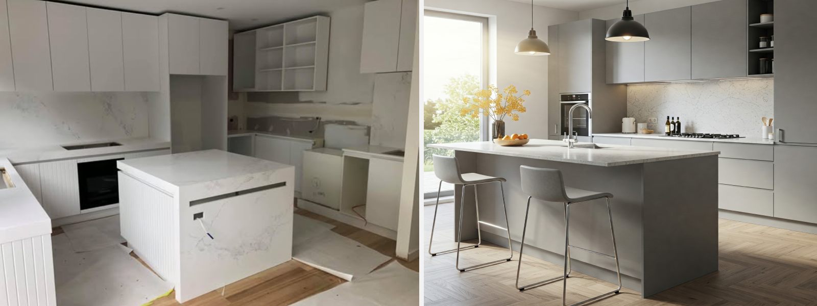 Modern kitchen renovation featuring a Caesarstone island with white marble countertops
