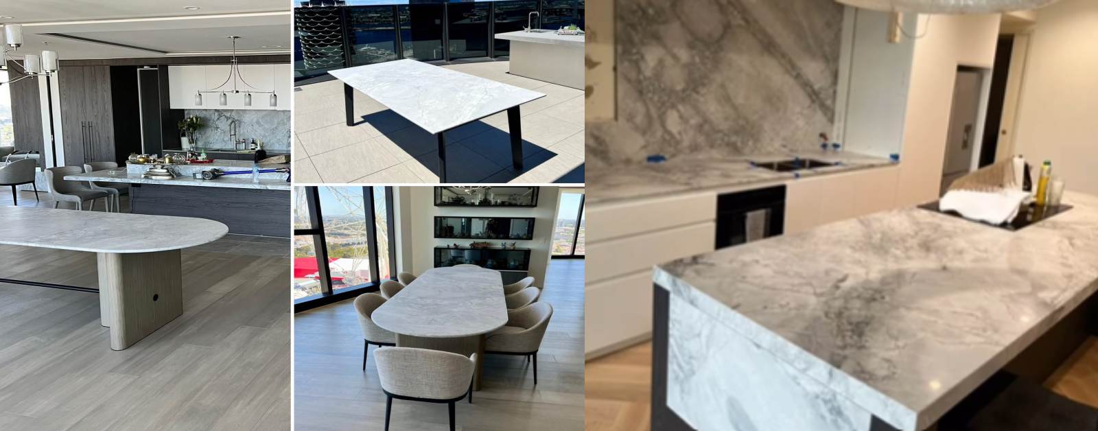 Bright, modern kitchen featuring Super White Dolomite countertops and a waterfall island.