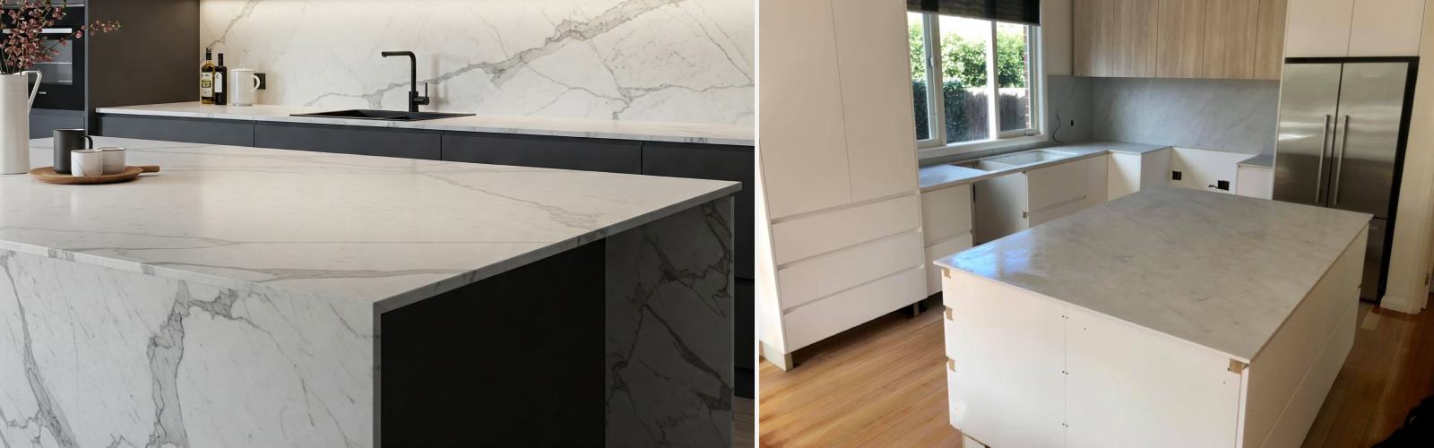 Modern kitchen with porcelain benchtops.