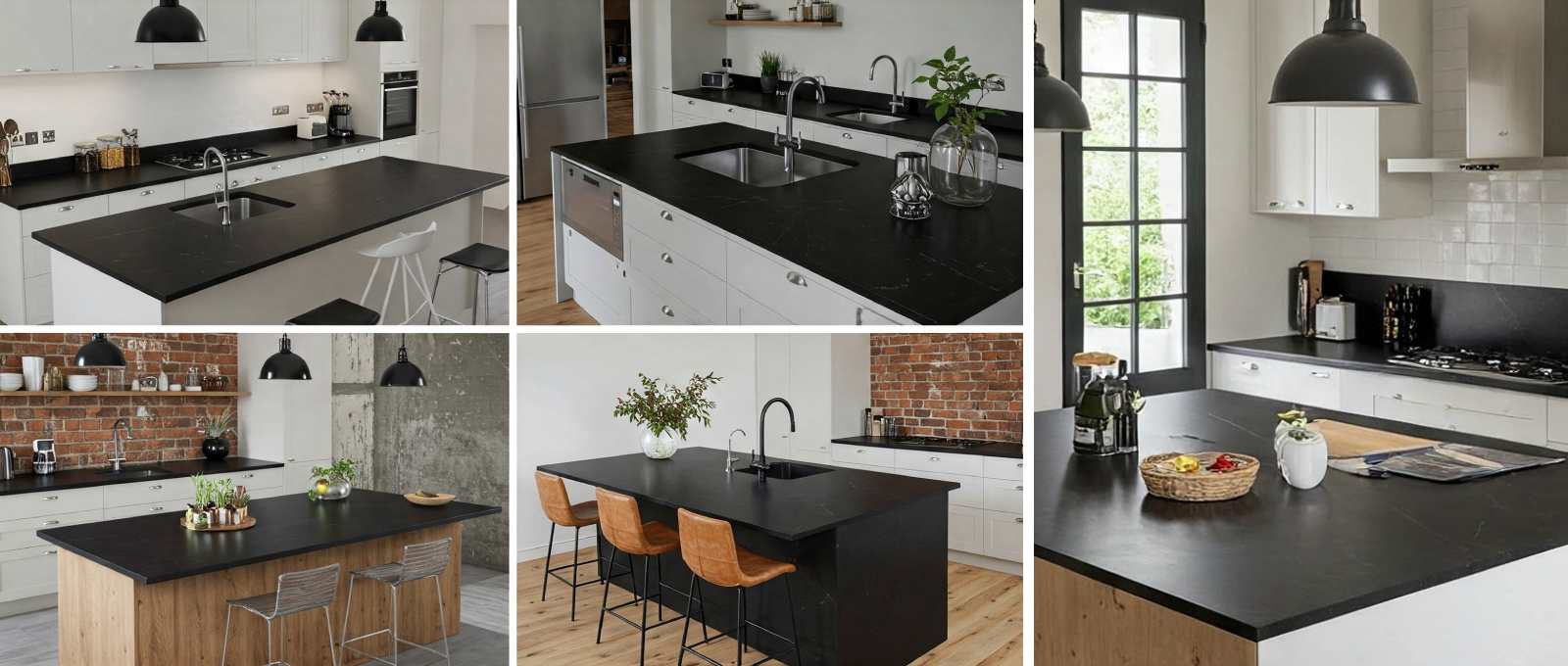 A collage showcasing various kitchen countertops, featuring elegant black marble designs
