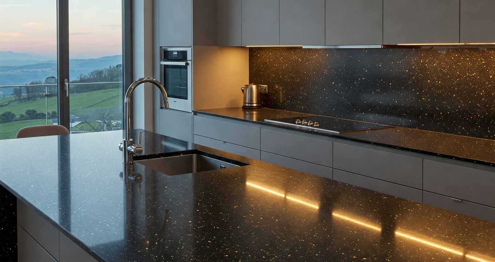 Elegant kitchen with a large island made of black galaxy granite.
