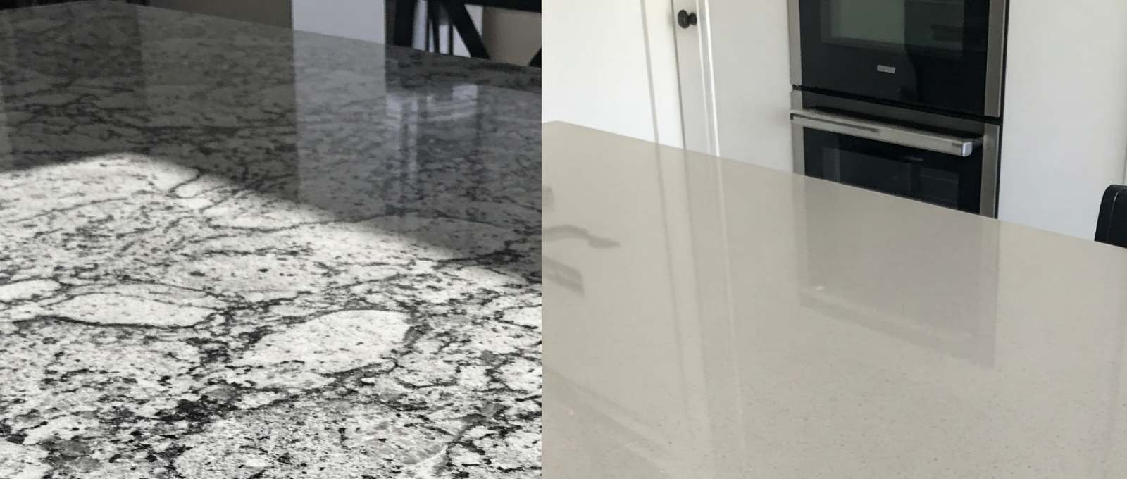 A collage of two images comparing granite and quartz benchtops.