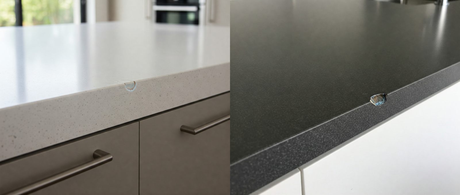 A Kitchen counters showing chips that require repair on the benchtop.