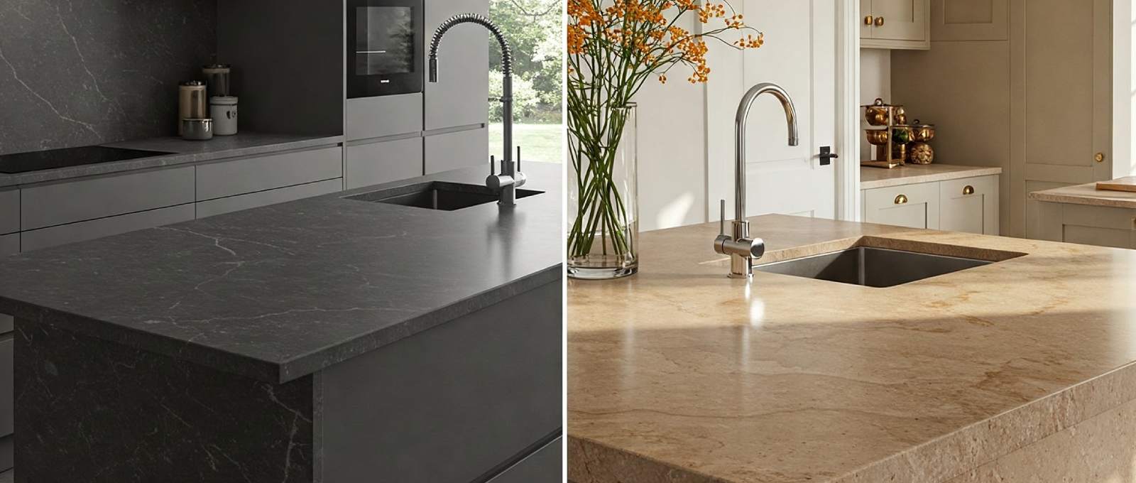 A collage comparing Lapitec sintered stone and natural stone countertops