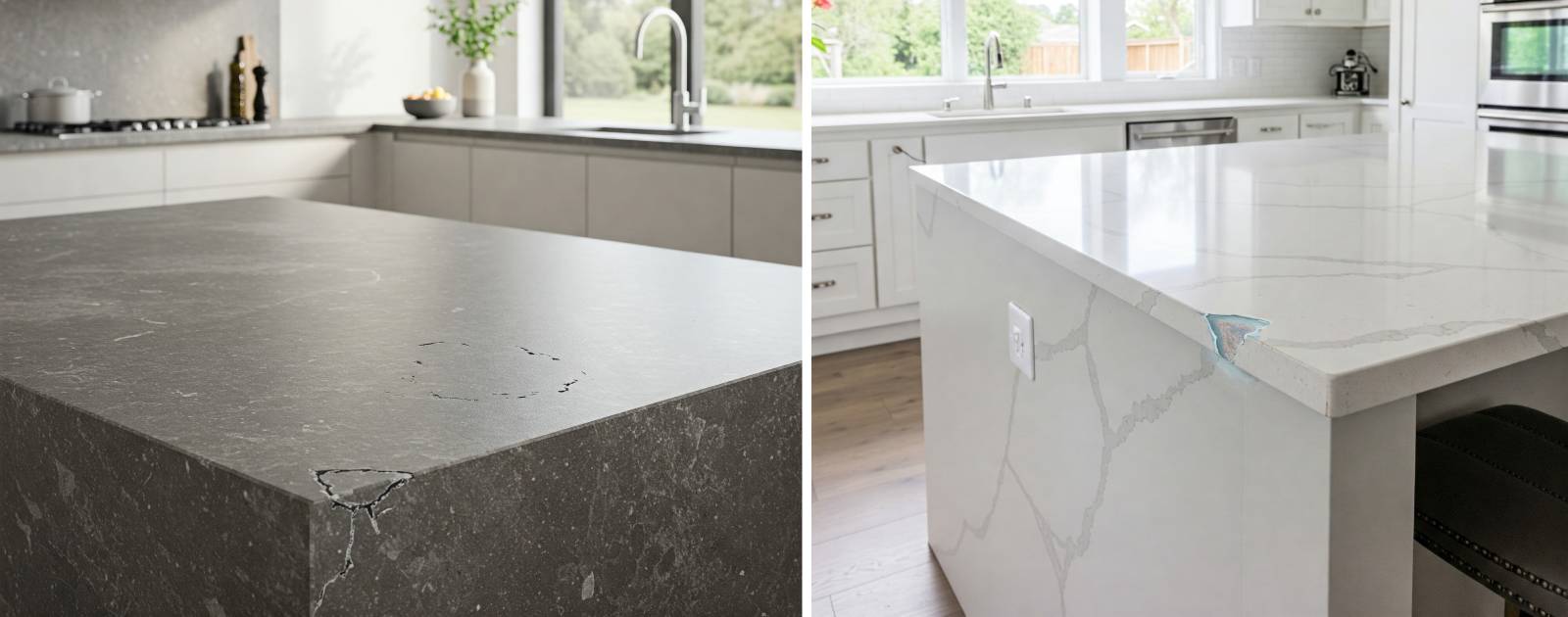 Kitchen benchtops showing signs of damage.