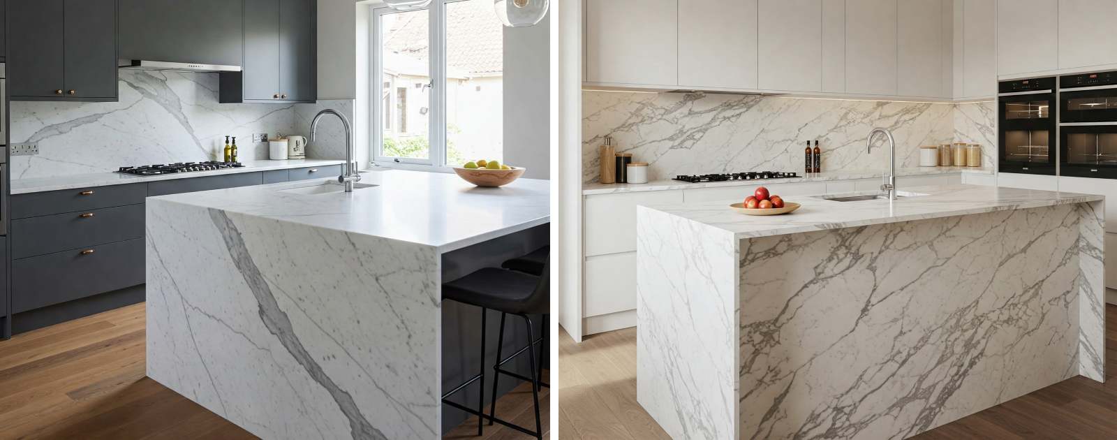 Modern kitchen featuring a Statuario marble countertop and island.