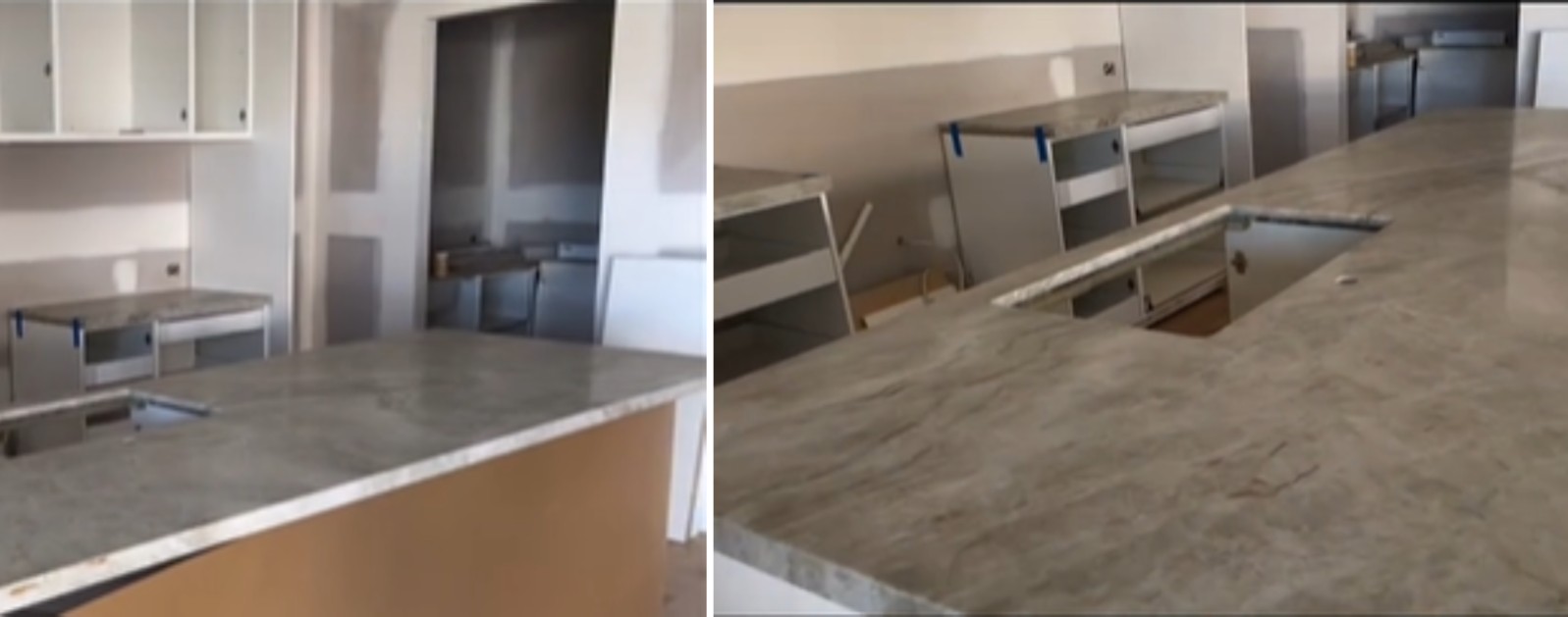 Kitchen island featuring a Taj Mahal quartzite benchtop.