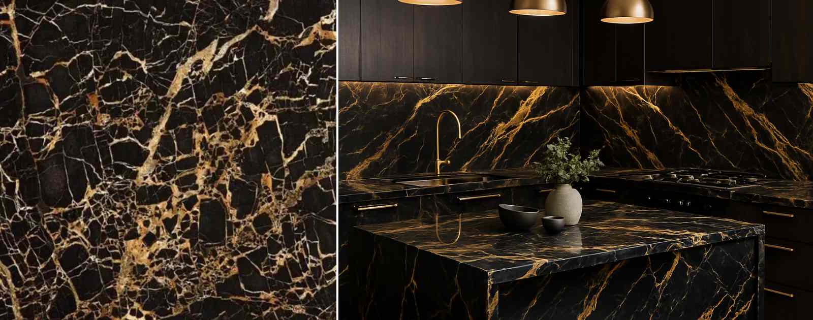 Luxurious kitchen design featuring black marble with gold veining.