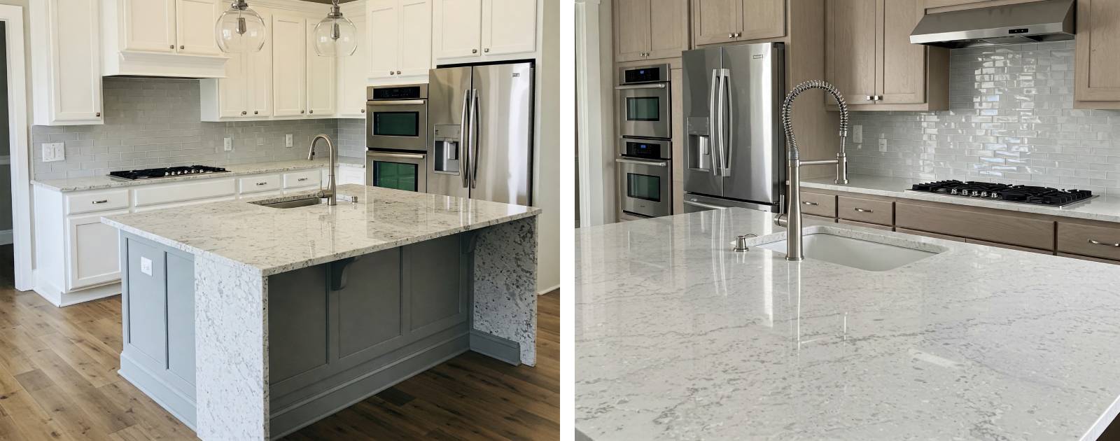 Newly renovated kitchen with white granite countertops and a central island.