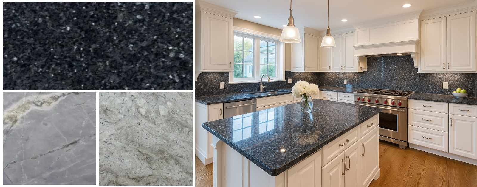 Pearl granite used for kitchen countertops and backsplash in a bright kitchen setting.