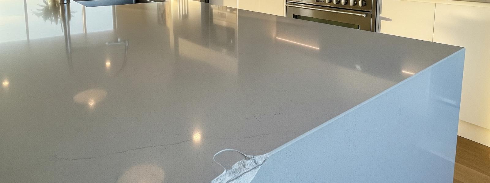 Modern kitchen with chipped Caesarstone benchtop near sink area