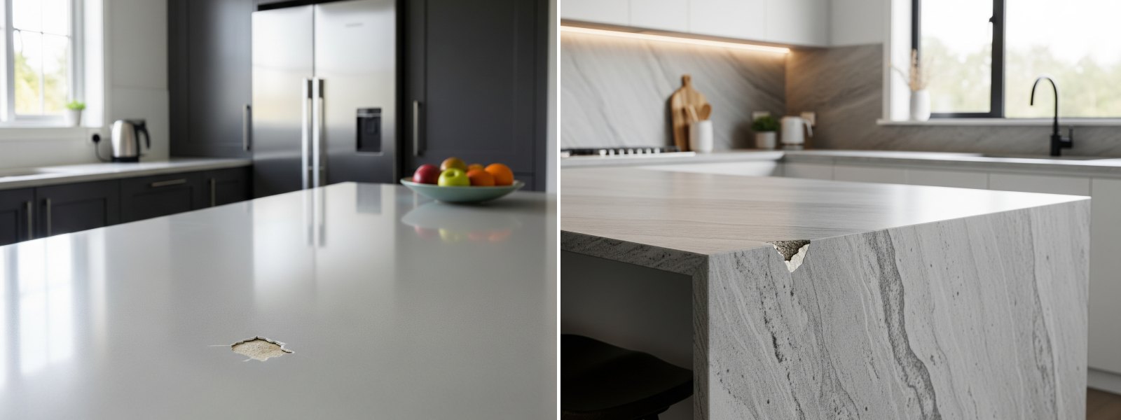 kitchen benchtops with visible chips and surface damage requiring professional repair
