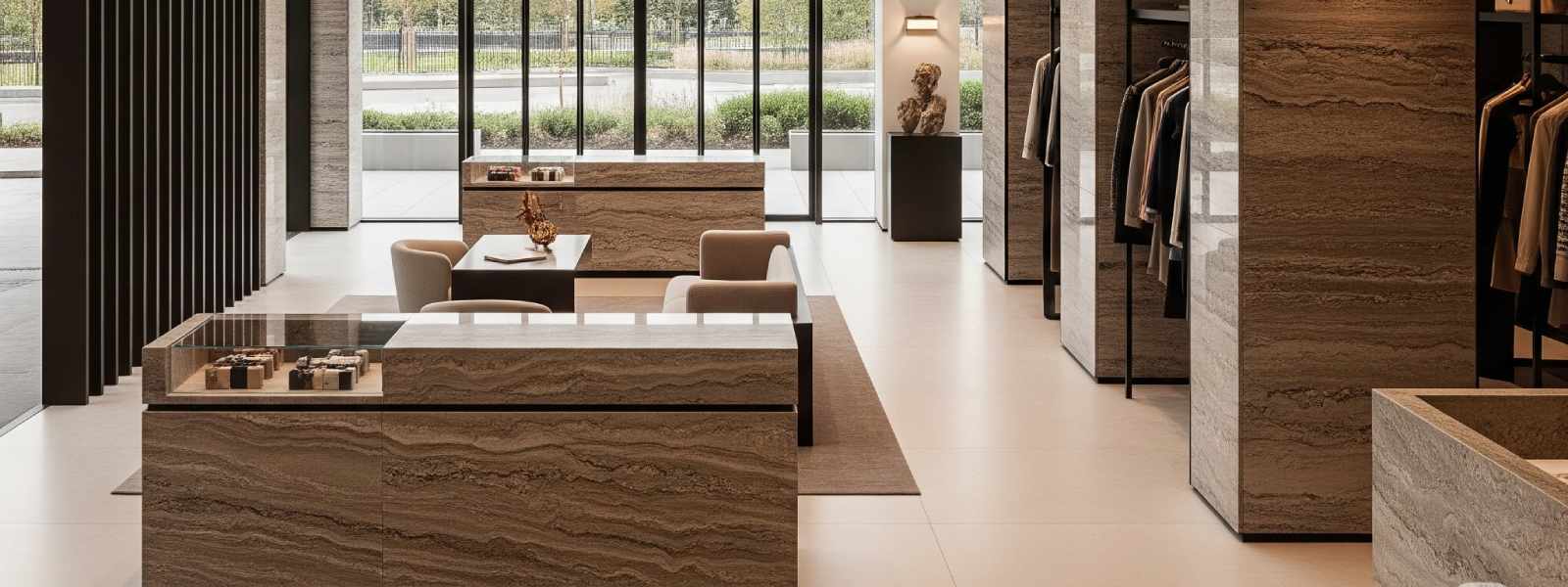 commercial space with Neolith Porcelain stone installed, featuring modern furniture and elegant design elements.