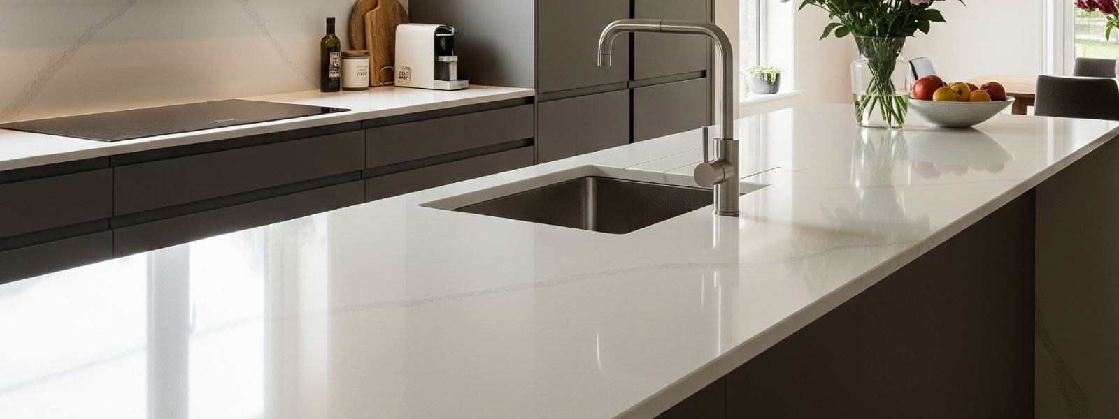 kitchen with a sleek white porcelain slab benchtop, integrated sink, and contemporary dark cabinetry.