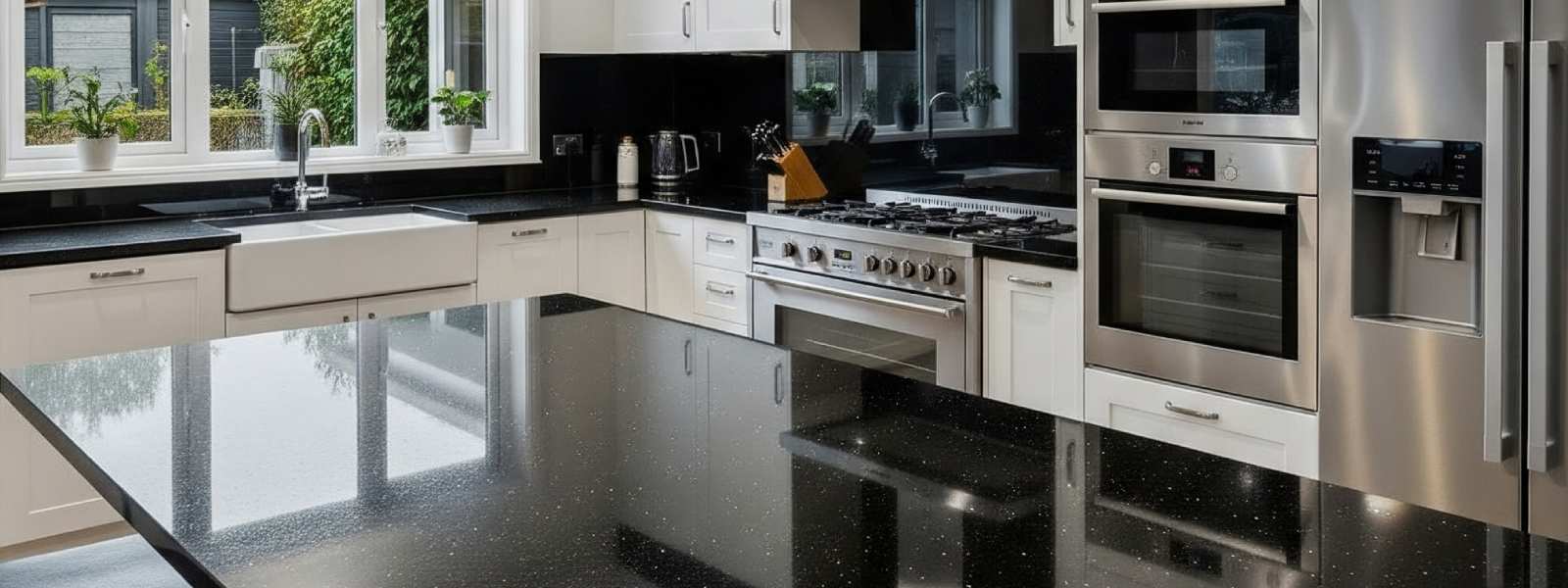 Modern kitchen with black galaxy granite benchtop, white cabinets, and stainless steel appliances