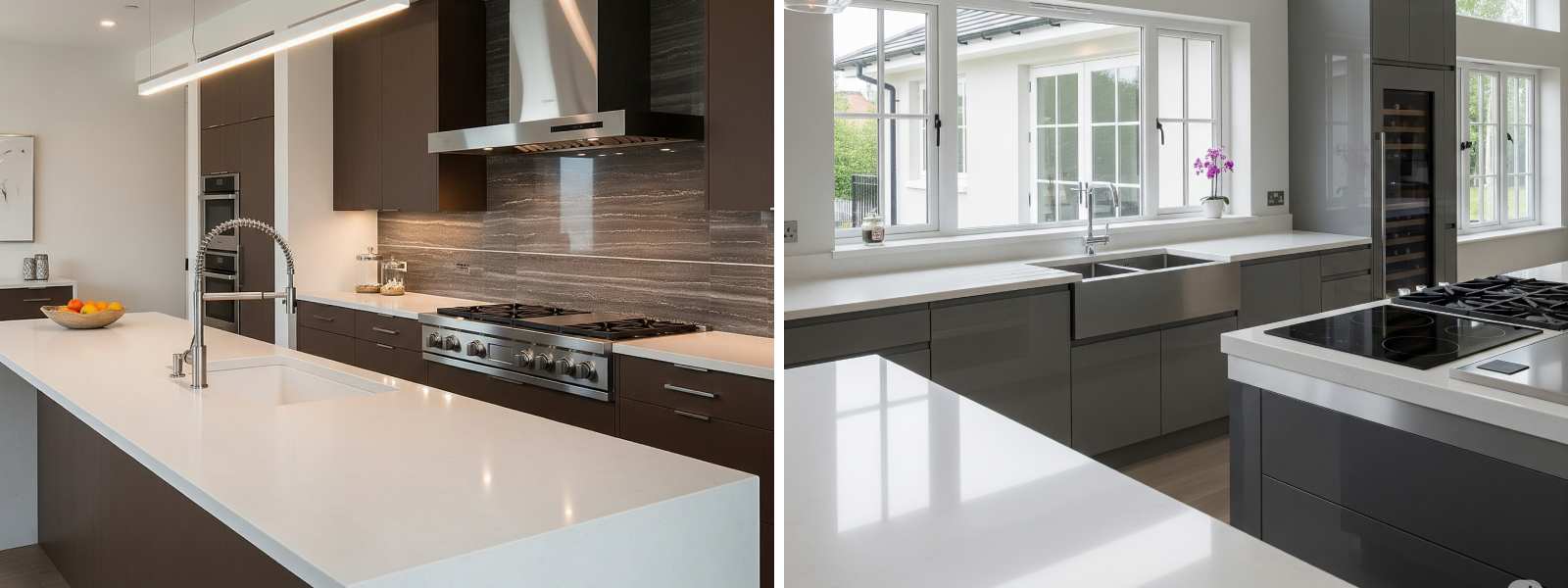 Luxurious kitchen featuring Alpine White stone countertops, modern design, and sleek appliances.