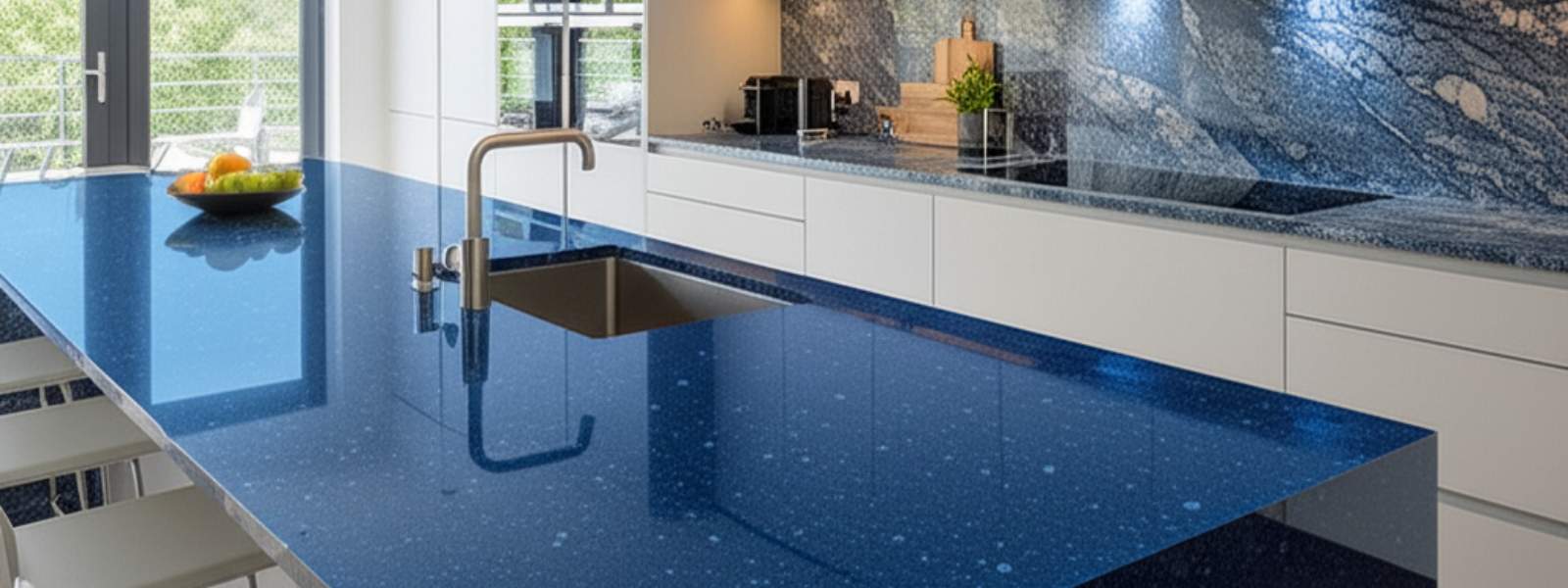 Modern kitchen with blue granite countertop