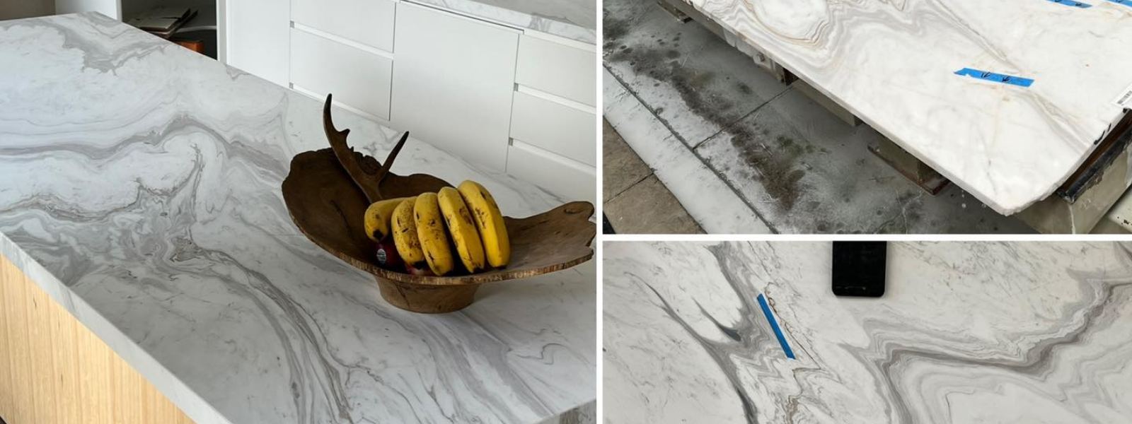 Natural stone countertop with gray veining showcasing potential issues