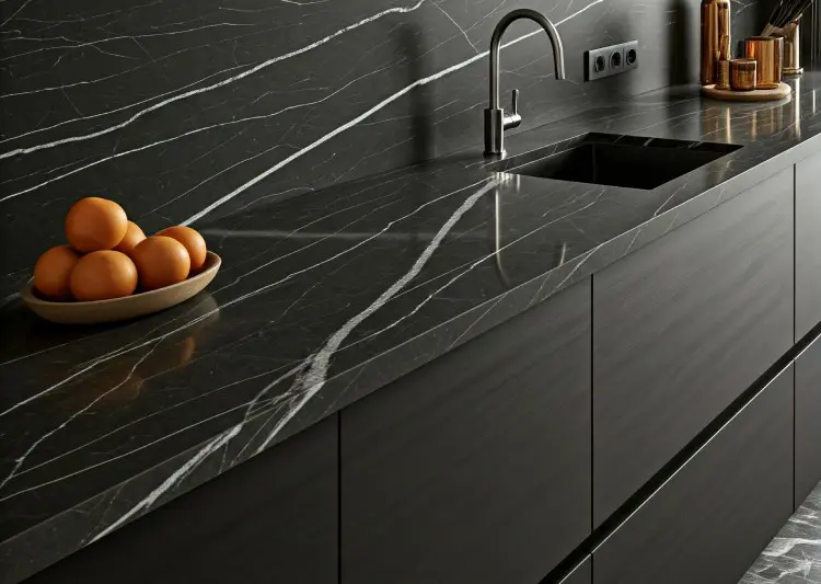 Pietra grey marble countertop with white veining detail.