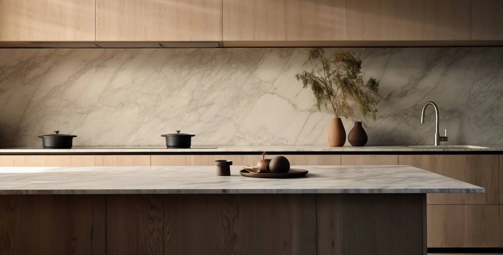 Travertine kitchen countertop and wooden cabinets.