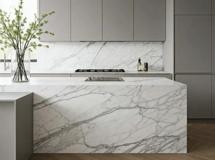 Kitchen design with a white marble island and gray cabinetry, featuring Arabescato Vagli marble