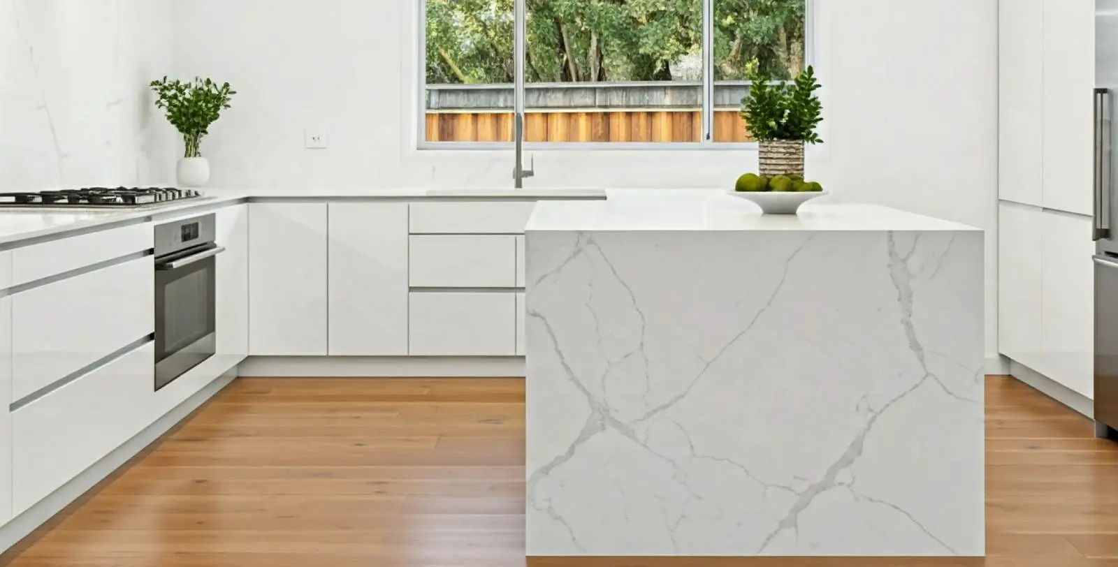 White quartzite kitchen island