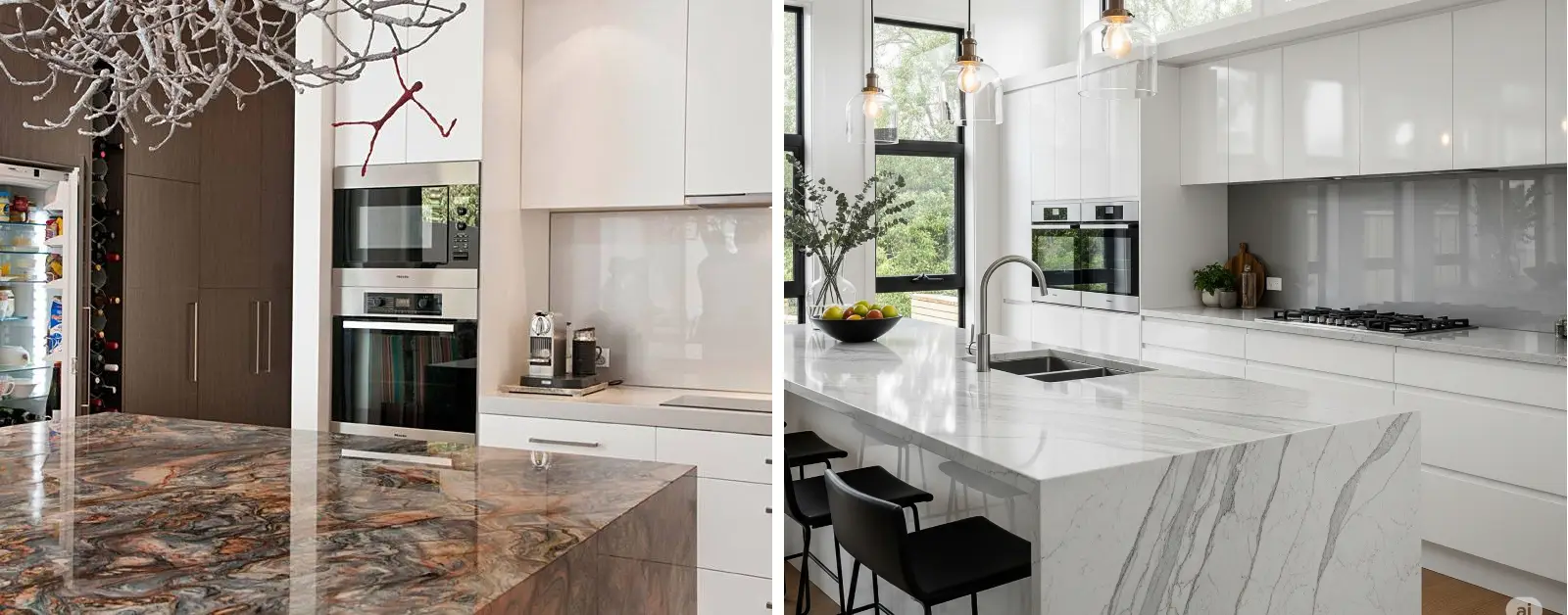 Comparison of kitchen countertops featuring quartz and quartzite surface