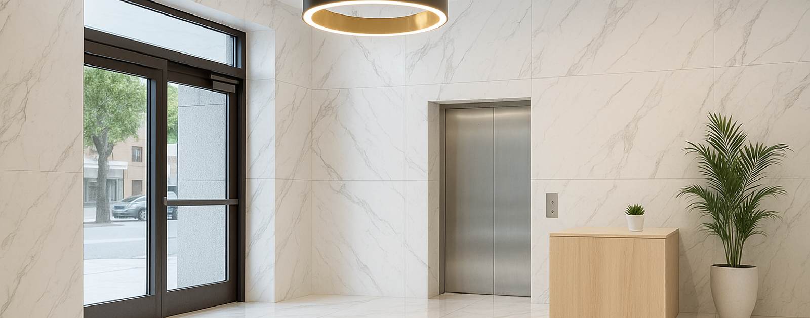 Modern commercial lobby featuring elegant Lapitec stone walls and flooring.