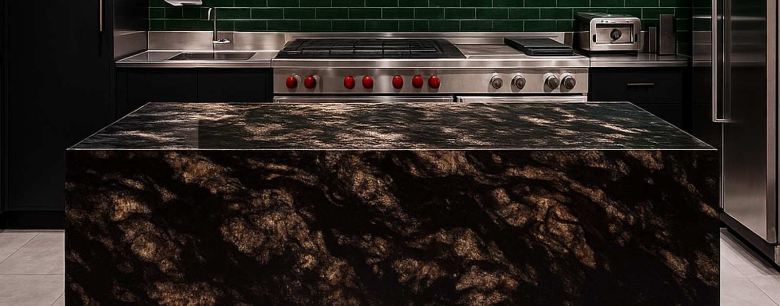 Commercial kitchen with a dark and gold granite island countertop.