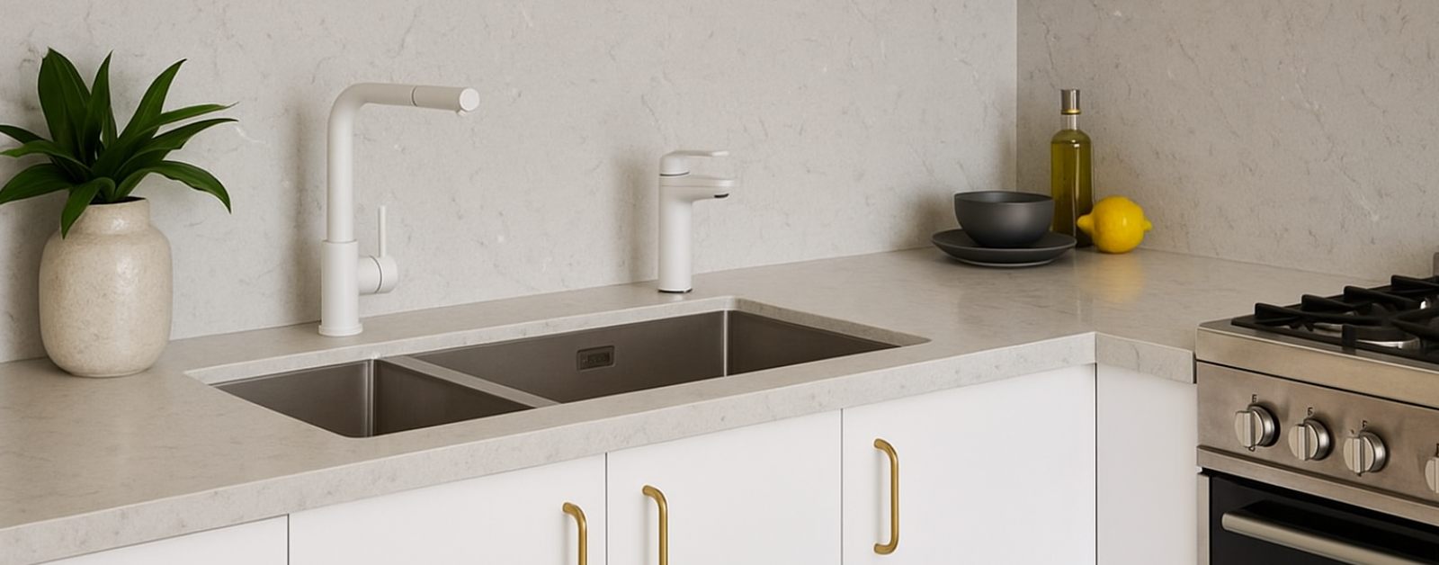 Modern kitchen design featuring a durable limestone countertop