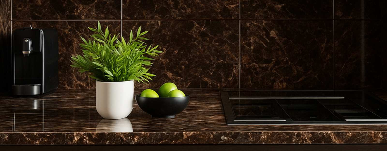 Kitchen countertop featuring Sense Stone natural stone with coffee maker, plant, and fruit bowl