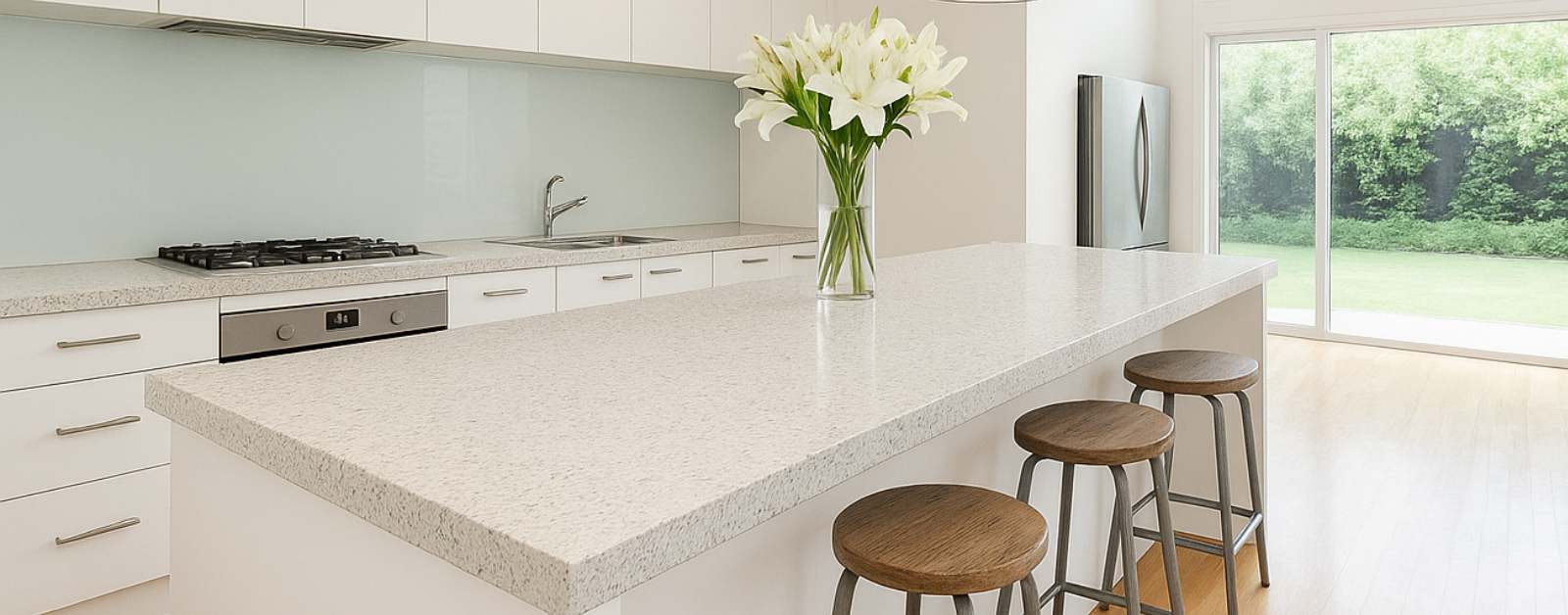 A modern home exterior featuring white granite stone