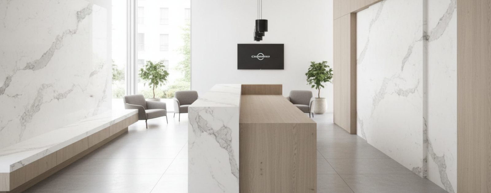 Commercial lobby featuring a reception desk and wall cladding made with Caesarstone quartz surfaces