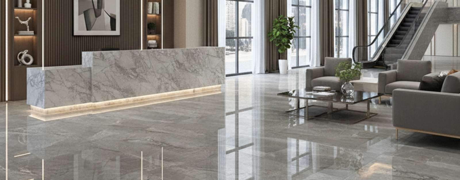 Lobby of a commercial building featuring a reception desk and polished flooring made of grey marble.