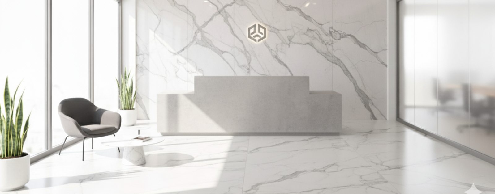 Luxurious marble stone in a modern commercial reception area featuring a minimalist desk, grey accent chair, and large windows.
