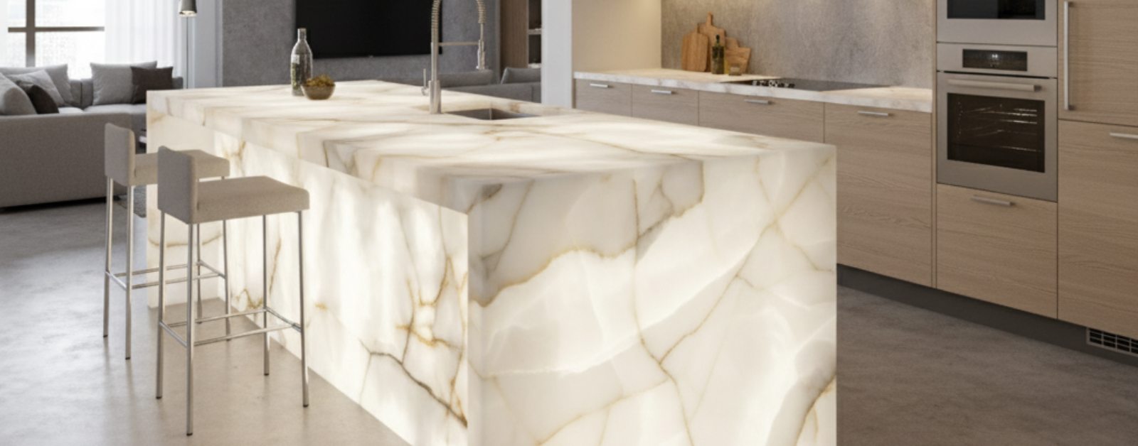 Modern kitchen featuring a luxurious backlit onyx stone benchtop island with bar stools.