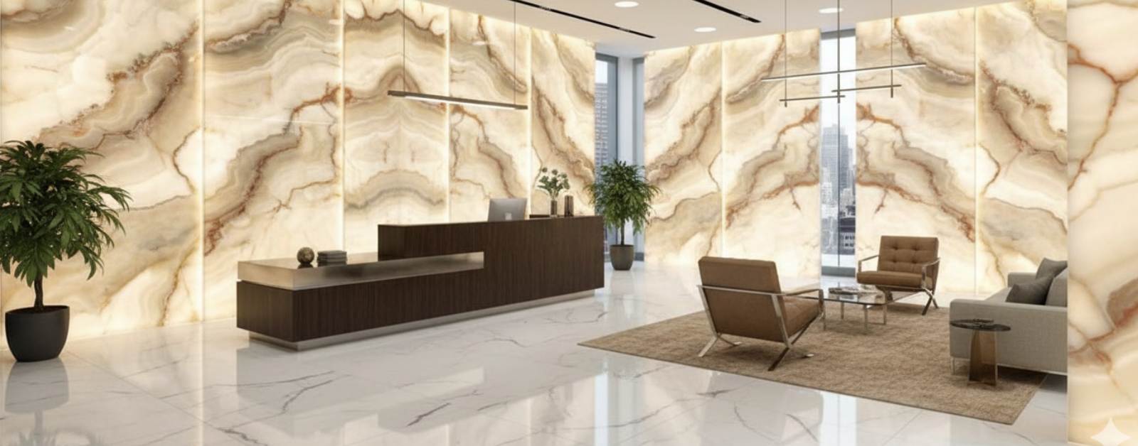 Backlit onyx stone feature wall in a modern commercial interior reception area