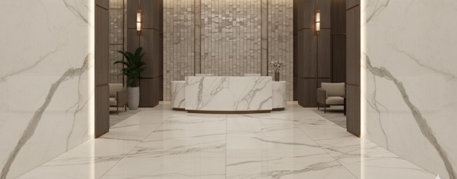 Commercial lobby featuring polished porcelain stone flooring and reception desk