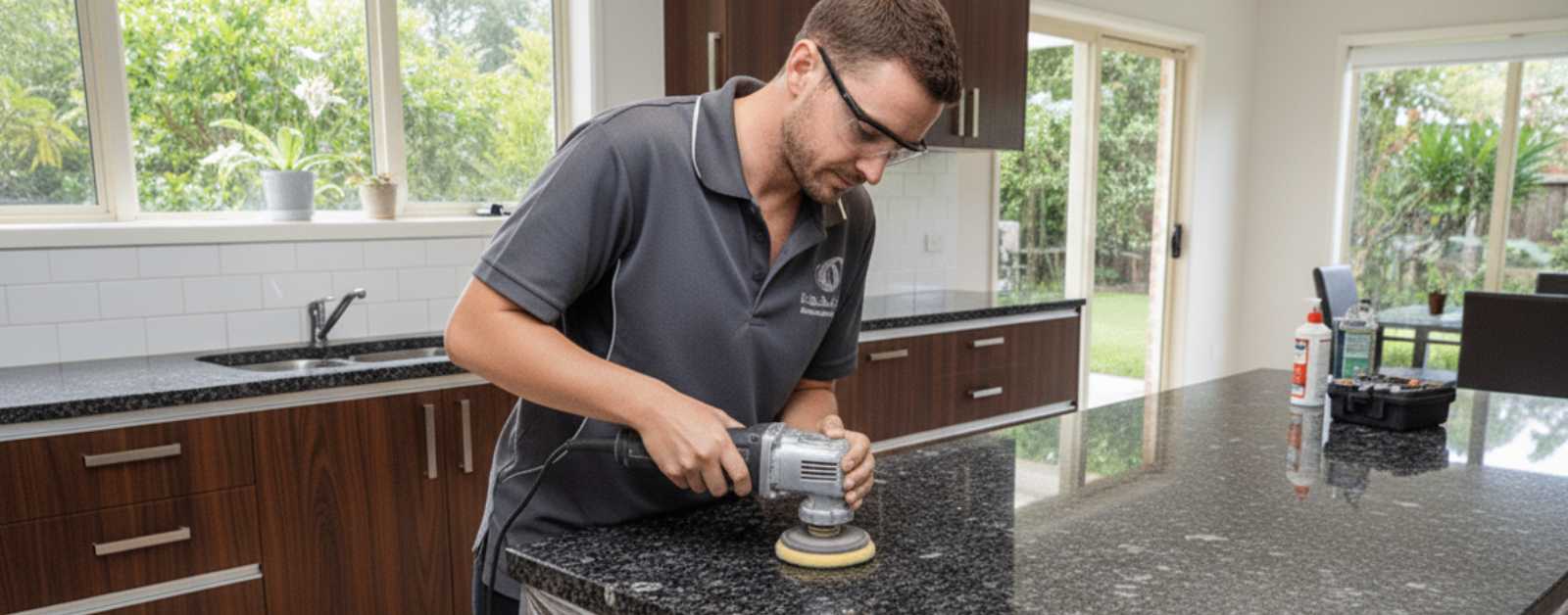 Expert technician repairing and polishing a dark stone kitchen benchtop