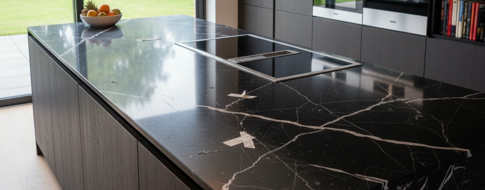 Black marble benchtop showing visible cracks needing repair