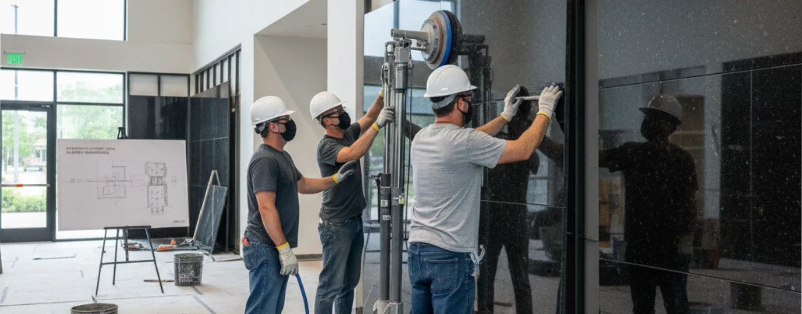 Experts installing black granite stone wall panels in a commercial space.