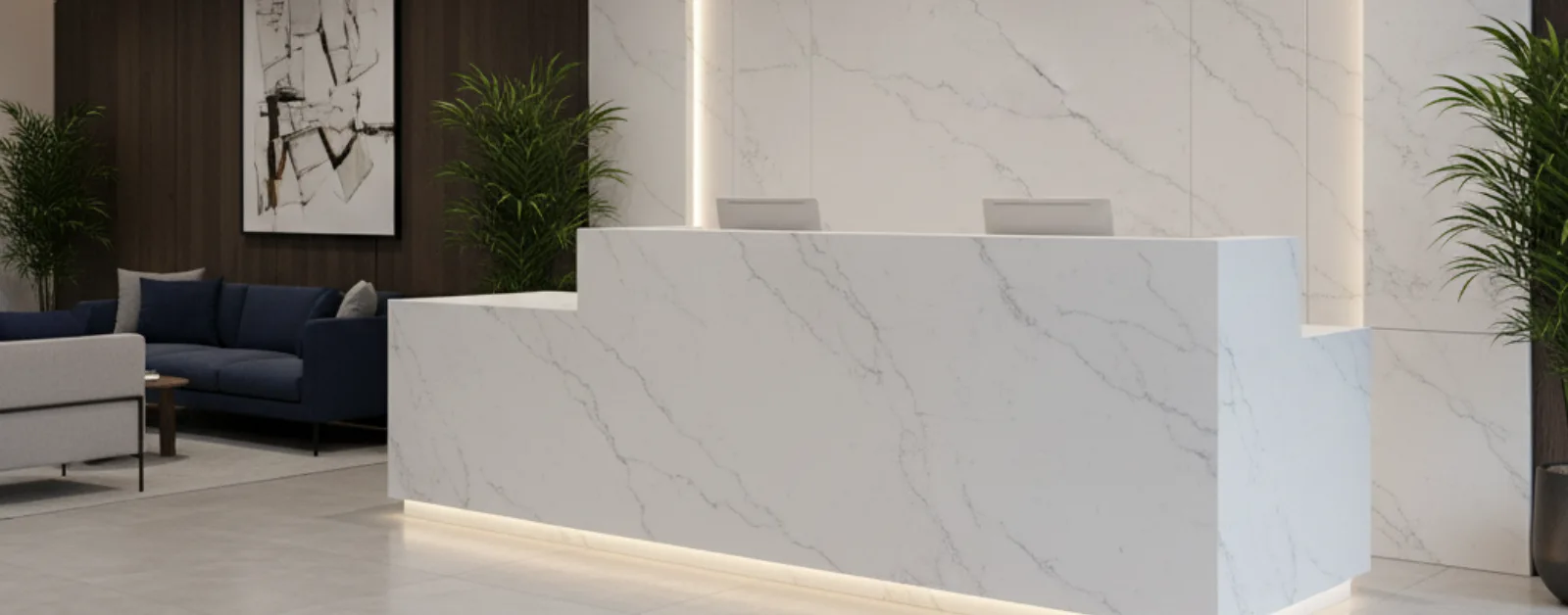 Commercial reception area featuring a large white marble-look quartz of Stone Ambassador reception desk and accent wall