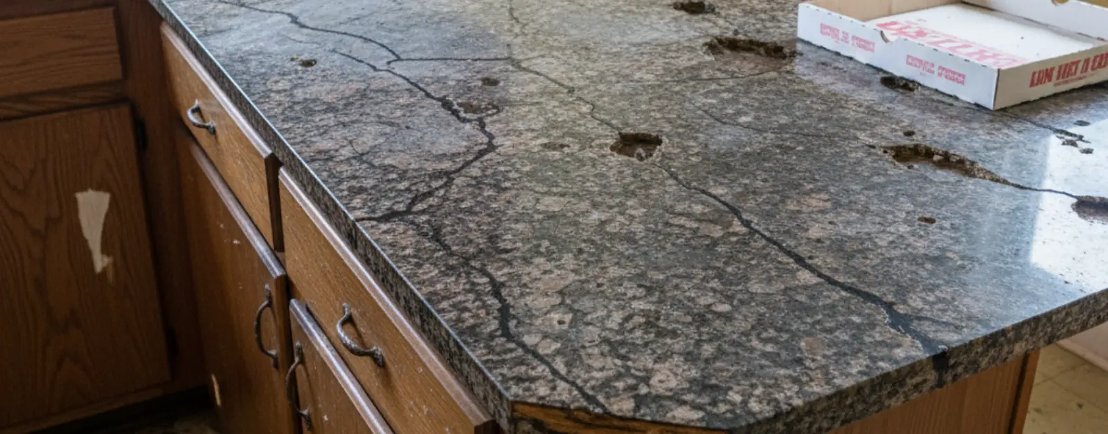 Damaged granite countertop with cracks and poor finish.