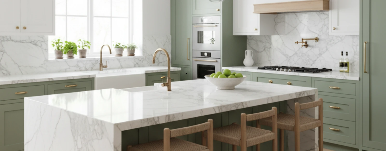 Green and white kitchen with a large marble slab island and matching full-height marble backsplash.